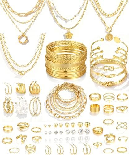 17 MILE 78 Pieces Gold Jewelry Set for Women, 9 Necklace, 24 Bangle Bracelet, 22 Earrings, 23 Knuckle Rings Ties Gold Plated Jewerly set for Women Gift: Clothing, Shoes & Jewelry